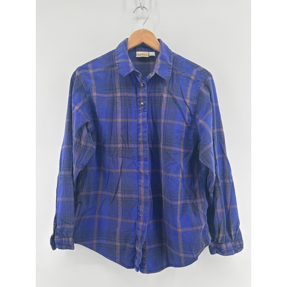 LL Bean Button-Up Shirt Womens Blue Orange Plaid Cotton USA Made 14 Vintage